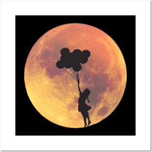 Full Moon and Girl with Balloon Silhouette Posters and Art